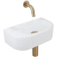 Qeramiq Fuente pack lave-mains – demi-rond – 40 x 21,5 x 12 cm – céramique blanc mat – robinet doré brossé SW1210763/SW696208/SW696218/SW1108830