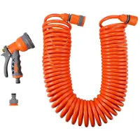 FUXTEC Kit tuyau spiralé FX-SPS1 - 15m de tuyau | Douche multifonctions incluse | 8 fonctions de pulvérisation | Raccord de robinet et raccord de tuyau inclus