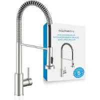 Bächlein Robinet de cuisine pivotant à 360° couleur inox brossé - Mitigeur monocommande pour évier en inox avec col flexible et douchette avec bouton inverseur, robinet pour la cuisine