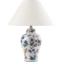 Beliani Lampe de table blanc bleu base en porcelaine abat-jour en lin motif floral éclairage élégant