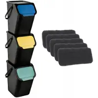 Practic Lot de 3 poubelles de tri sélectif BINI noires (25 l) avec couvercle noir et clapet coloré (bleu/vert/jaune) + 5 filtres à charbon actif