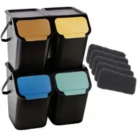 Practic Lot de 4 bacs BINI noirs (4 x 25 l), avec couvercle noir, couleurs des volets : jaune, bleu, vert, marron + 5 filtres à charbon actif