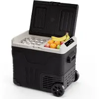 Auronic Electric Cool Box - Compresseur - 2 Zones - 45L - 12/24V et 240V - Réfrigération et congélation - Réfrigérateur de camping - Frigobox Auto - Avec roues et poignée - Noir