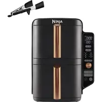 Ninja Double Stack XL Friteuse à air chaud, 2 tiroirs verticaux, 4 niveaux de cuisson, 2 clayettes, design peu encombrant, 9,5 L de capacité, 6 fonctions, 8 portions, pince, noir/cuivre SL400EUCP