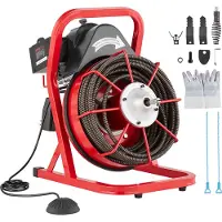 Vevor Machine de nettoyage de tuyaux 75 pieds x 1/2 pouce, spirale d'égout à alimentation manuelle, machine électrique de nettoyage de tuyaux 370 W avec 4 coupeurs et pédale deactivée par l'air