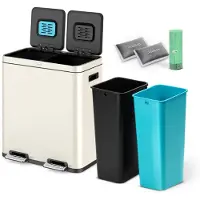 Deleca Recycle Bin with 2 Compartments - 60 Litres (2x30) Waste Bin - Waste Separation / Deposit Container / Pedal Bin - Garbage Bin with FreshAura Odour Control - Slow Close - Stainless Steel Cream