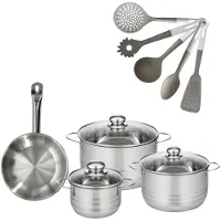 Fackelmann Batterie de cuisine avec 3 faitouts 16/20/24 cm et 1 poêle 20 cm avec 5 ustensiles de cuisine Etherna Brillant Vario