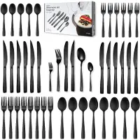 Deleca Set de couverts 72 pièces pour 12 personnes - Couverts lavables au lave-vaisselle - Couteaux, fourchettes, cuillères, couteaux à steak & fourchettes à viande - Acier inoxydable noir