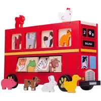 Bigjigs - Bus rouge avec des animaux en bois à encastrer - 21 pièces