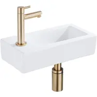 FortiFura Fuente Pack Lave-mains - 36x18.5x9cm - 1 trou de robinet - solid surface - robinet Laiton brossé - Blanc mat SW696238/SW696218/SW705498/SW696208
