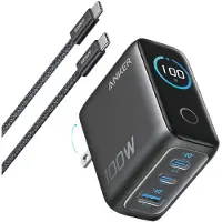 Anker Chargeur (100 W, 3 ports, écran intelligent, câble USB-C), gris foncé