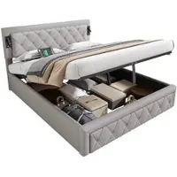 MODFU Lit Gigogne Capitonné 90x190 avec Rangement et Prises USB, Lit Multifonction Convertible Extensible pour Optimiser l’Espace - Beige - Sans Matelas