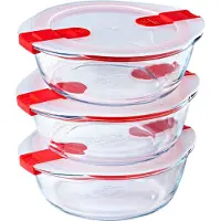 Pyrex Lot de 3 boîtes à lunch - - Cuisson et réchauffage - Verre - Rondes - Couvercle avec soupape vapeur. Compatibles micro-ondes - 1,1 L