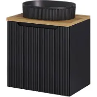En.casa Plan de toilette 'Skelbolu' avec lavabo ovale en céramique et 2 portes rainurées 60 x 71 x 40 cm noir / imitation chêne
