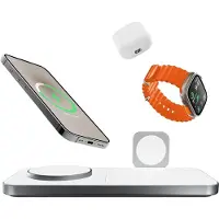 Favolt Site:3 Magsafe 3 in 1 Wireless Charger (MFi/QI) Magnetic Charging Station for iPhone Apple Watch AirPods Silver