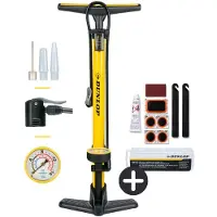 Dunlop Pompe à vélo avec manomètre et kit de réparation 9 pièces - Kit d'outils pour vélo avec kit de réparation et démonte-pneu - Pour valves Presta, et Schrader - Jaune