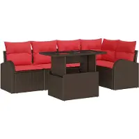 vidaXL Ensemble de canapés de jardin , 6 pièces, 5 places, marron et rouge, en résine tressée