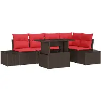 vidaXL Ensemble de canapés de jardin avec coussins et rangement, 6 pièces, marron et rouge