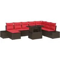 vidaXL Ensemble de canapés de jardin avec coussins, 9 pièces, en polyrotin marron et rouge