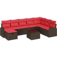 vidaXL Ensemble de salon de jardin , 9 pièces, couleur marron et rouge, en résine tressée, capacité : 8 personnes