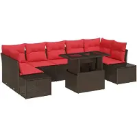 vidaXL Ensemble de canapés de jardin avec coussins, 8 pièces, en polyrotin marron et rouge