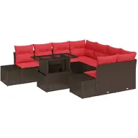 vidaXL Ensemble de canapés de jardin avec coussins, 9 pièces, en polyrotin marron et rouge