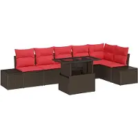 vidaXL Ensemble de canapés de jardin avec coussins, 7 pièces, en polyrotin marron et rouge