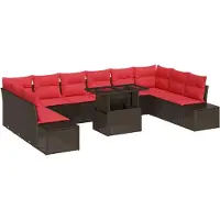 vidaXL Ensemble de canapés de jardin avec coussins, 11 pièces, en polyrotin marron et rouge