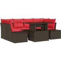 vidaXL Ensemble de salon de jardin , 7 pièces, 6 places, marron et rouge, en résine tressée
