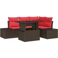 vidaXL Ensemble de canapés de jardin avec coussins, 6 pièces, en polyrotin marron et rouge