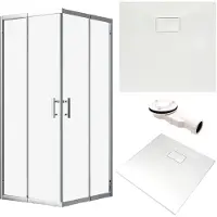 Badland SET Cabine de douche + receveur 80x80 193 cm - Carré Transparent Trempé Nano Verre 6 mm Blanc Aspect Pierre SMC Siphon inclus | HELA VIDAR