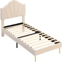 Sweiko Velours, lit rembourré, 90 x 200 cm, lit en forme de coquillage avec pieds en fer dorés, tête de lit réglable en hauteur, sommier à lattes en bois, beige