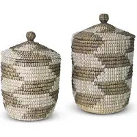 Safaary Panier à linge en osier avec couvercle Sea Grass noir et blanc