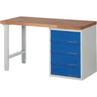 TECWERK Établi série BK 650 L1500xP700xH840mm Hêtre massif gris clair / bleu gentiane 4 tiroirs