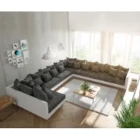 DELIFE Canapé Clovis XXL blanc noir pouf à droite