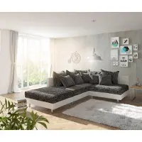 DELIFE Canapé d'angle Clovis blanc noir avec tabouret pouf gauche