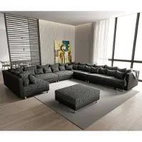 DELIFE Canapé-panoramique Clovis XXL noir modulable tabouret poufs droite