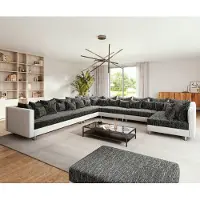 DELIFE Canapé panoramique Clovis XXL Blanc Noir avec tabouret Pouf gauche