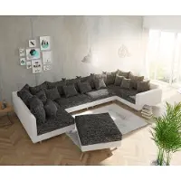DELIFE Canapé Panoramique Clovis XL Blanc Noir Tabouret Accoudoir Modulaire