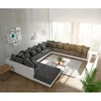 DELIFE Canapé-panoramique Clovis XXL blanc noir avec tabouret poufs droite