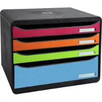Exacompta Bloc à tiroirs BIG-BOX PLUS HORIZON QUER, A4+, 4 tiroirs semi-ouverts, butée coulissante/poignée recess/porte-étiquettes, étiquettes, Ange Bleu, noir-harlequin
