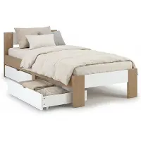 Homestyle4u Lit simple en bois 90x200 avec 2 tiroirs chêne marron blanc Cadre de lit en bois massif sommier à lattes