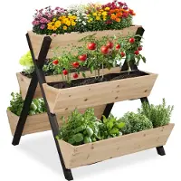 Relaxdays Jardin vertical , en bois, H x l x P : 82 x 75 x 90 cm, jardinière surélevée à 5 bacs, jardinière à étages pour balcon ou terrasse, couleur naturelle/noir