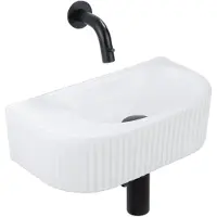 Qeramiq Fuente pack lave-mains – demi-rond – 40 x 21,5 x 12 cm – céramique blanc mat – robinet noir mat – cannelé SW1522210/SW696205/SW696215/SW1108828