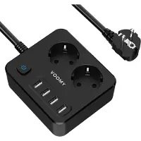 Voomy Prise multiple 6 en 1 avec USB - 2-fois & 4 USB-A - Prise multiple compacte avec interrupteur - câble de 2M - 4000W - Prise de distribution avec protection contre les surtensions - Noir