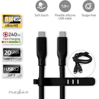 Nedis Câble USB | USB 3.2 Gen 2 | USB-C mâle | USB-C mâle | 240 W | 8K@30Hz | 20 Gbps | Nickelé | 1,00 m | Rond | Silicone | Noir | Emballé