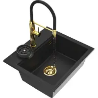Granitan | Évier en granit FOXAL - Noir - Haute qualité - Ergonomique - Robinetterie dorée et siphon inclus