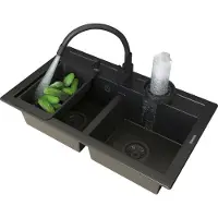 Granitan | Évier en granit DUET - Noir - Deux compartiments - Accessoires inclus et facile d'entretien