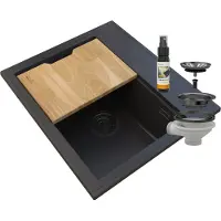 Granitan | Évier en granit FOXAL - Noir - Haute qualité - Avec siphon manuel et insert en bois
