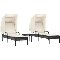 vidaXL Bains de soleil 2 pcs. avec toit et table noir Poly-Rattan